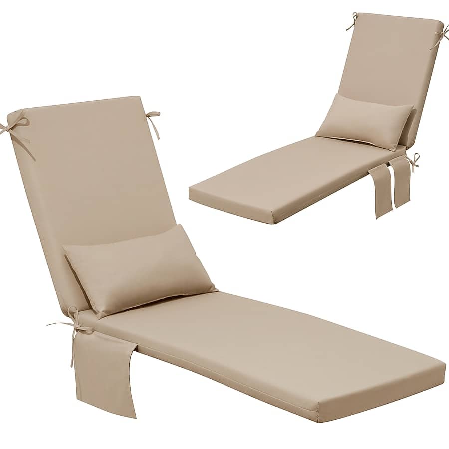 Crestlive Products - 2pc 80in Outdoor Water Resistant Chaise Lounge Chair Cushion with Ties Phone Pouch Lounge Cushion - Beige