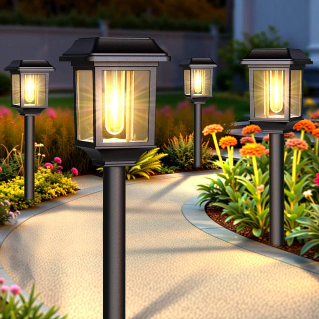 Front. Dazzed Corner - 8-Pack Waterproof Solar Pathway Lights, Metal Glass Outdoor Garden Decor - Black.