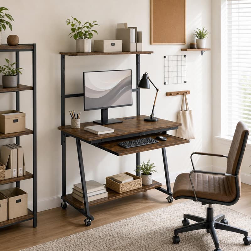 WELLFOR - Small Computer Desk with Charging Station and LED Lights, Mobile Office Desk with Keyboard Tray & Hutch Shelf - Rustic Brown
