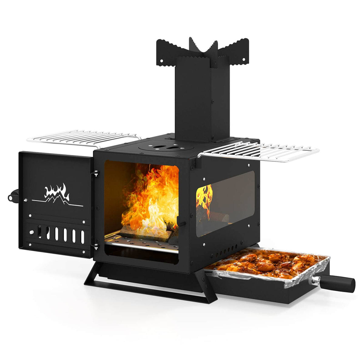Costway - Wood Burning Stove with Heat Resistant Glass Window,Grill Net,Stainless Steel - Black