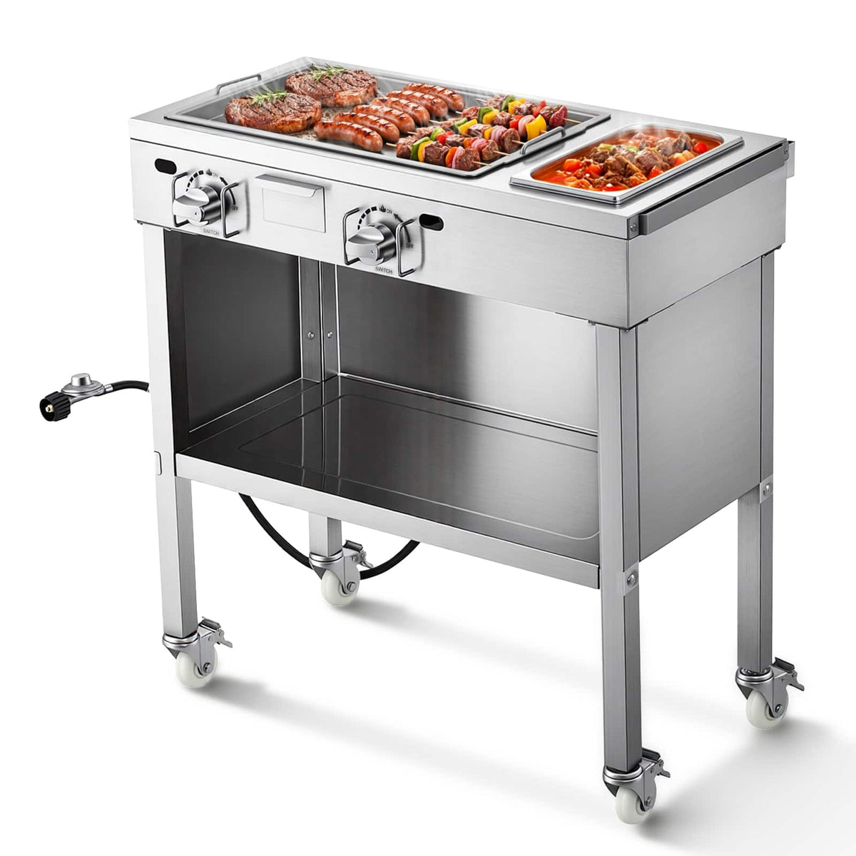 VEVOR - Outdoor Propane Griddle, 2 Burners (11,600 BTU Each), Commercial Stainless Steel Gas Griddle Cart - Stainless steel color