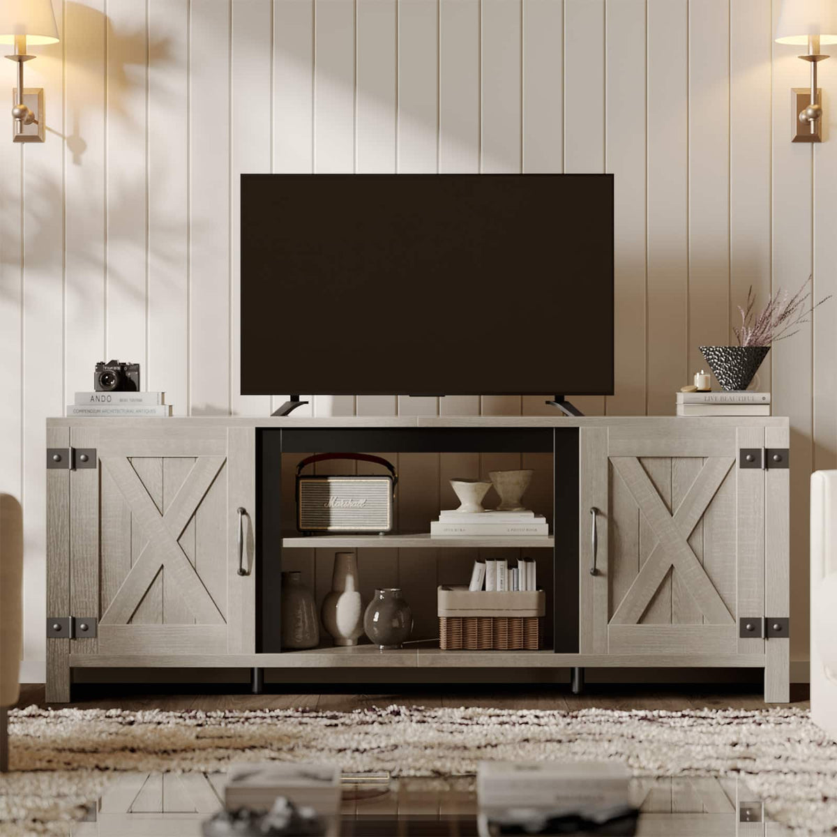 Bestier - 60.7" Farmhouse Media Console with Sliding Barn Doors & Fluted Details, Rustic TV Stand for 65" TVs - Vintage Gray White