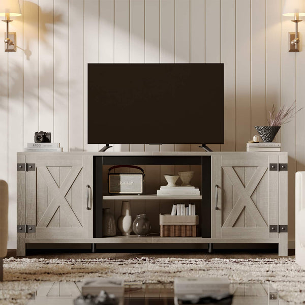 Bestier - 60.7" Farmhouse Media Console with Sliding Barn Doors & Fluted Details, Rustic TV Stand for 65" TVs - Vintage Gray White