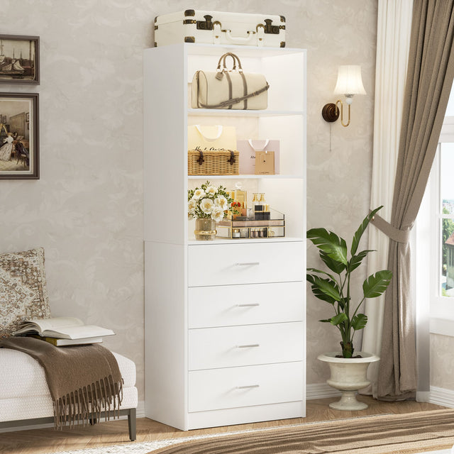 Front. Aheaplus - 80'' Tall Bookcase with 4 Wooden Drawers, 21.3'' Wide Storage Unit with Adjustable Shelves - White.