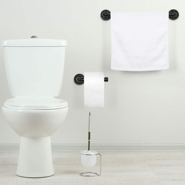 Front. Oumilen - Industrial Black Pipe Bathroom Hardware Set 7 Pieces, Wall Mounted Iron Pipe Towel Bar & Paper Holder Kit - Black.
