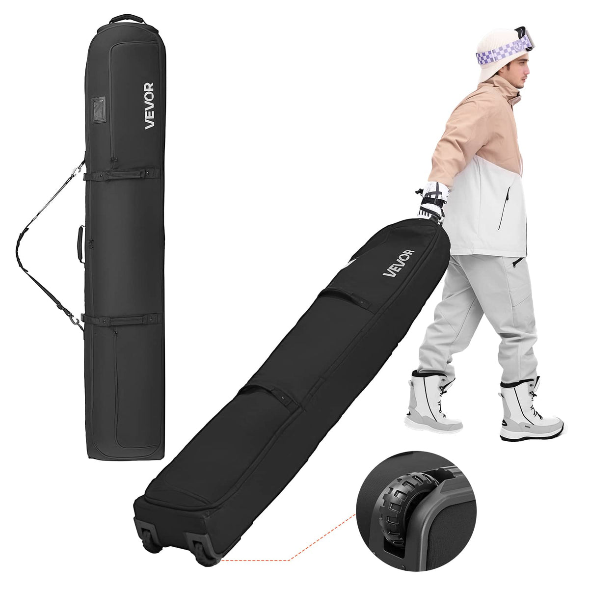 VEVOR - Padded Ski and Snowboard Travel Bag with Wheels, Fits Up to 68.9 in/175 cm, Durable 600D Waterproof Oxford Fabric - Black