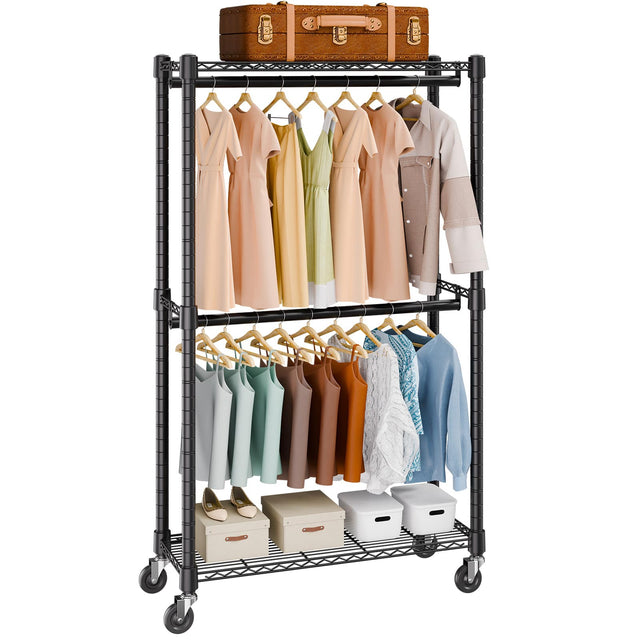 Front. VEVOR - Heavy Duty Clothes Rack, Double Hanging Rods Clothing Garment Rack with Bottom and Top Storage Tier, Hold Up to 300Lbs - Black.