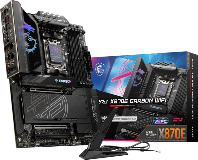 The image features a computer system with a motherboard, a CPU, and a graphics card. The motherboard is an MSI X870E, and the CPU is an AMD Ryzen 9000. The graphics card is a NVIDIA GeForce RTX 3080. The system is designed for gaming and performance, with a carbon fiber design and a lightning bolt logo. The box also includes a power supply and a cooling fan. The image showcases the components of the computer system, highlighting the powerful and sleek design of the MSI X870E motherboard and the NVIDIA GeFor