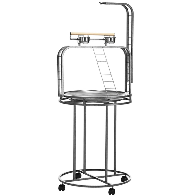Front. Pawhut - Parrot Stand Large Bird Perch Stand with Toy Hook, 3 Ladders, Parrot Perch with Easy Grip, Bird Wooden Stand - gray.