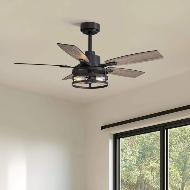 Front. Siljoy - 42-Inch Rustic Cage Ceiling Fan 5 Blades Industrial Metal Design App & Remote Control for Living Room Bedroom Patio - Black.