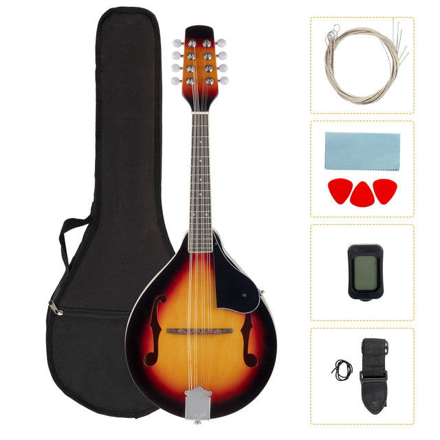 Front. Winado - A-Style Mandolin, 8 Strings Acoustic Mahogany Wood, Sunburst Thickened Gig Bag, Shoulder Strap, Picks Included.