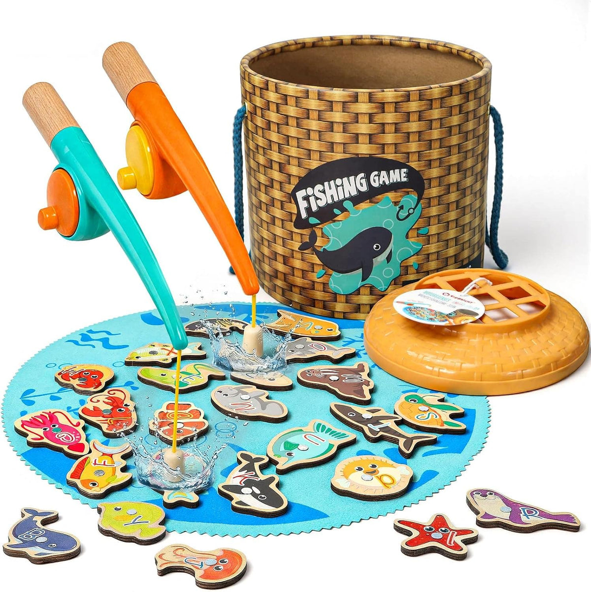 TOPBRIGHT - Wooden Magnetic Fishing Game, Montessori Educational Toy for Kids Ages 3+, 26 Fish Puzzles, Counting Game - Blue