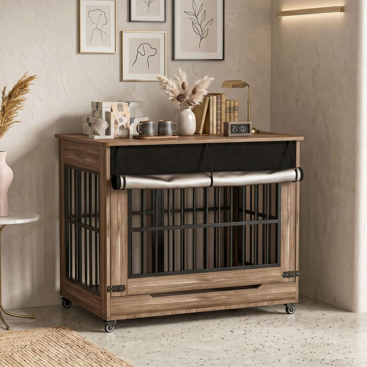 Anysun - 42" Wooden Dog Crate Furniture, Double Door Indoor Kennel, Decorative Pet Cage End Table w/ Wheels, for Large Dogs