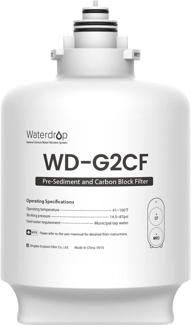Waterdrop  
Reverse Osmosis Water Filtration System  

WD-G2CF  
Pre-Sediment and Carbon Block Filter  

Operating Specifications  
Operating temperature: 41~100°F  
Working pressure: 14.5~87psi  
Feed water requirement: Municipal tap water  

NOTE: Please refer to the user manual for detailed filter instructions.  

Qingdao Ecopure Filter Co., Ltd.  
Made in China  
V010