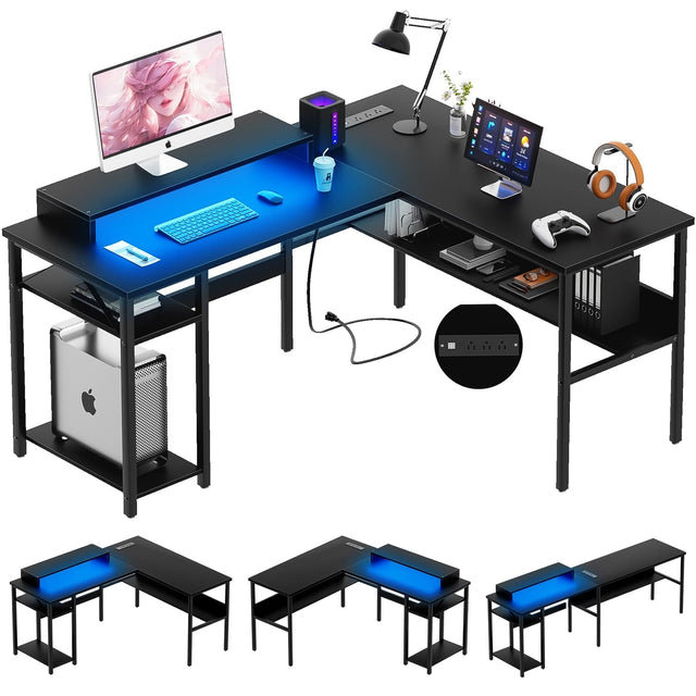 Front. Aheaplus - Reversible L-Shaped Desk with RGB LED & Power Outlets, Gaming/Office Desk with Storage & Monitor Stand - Black.