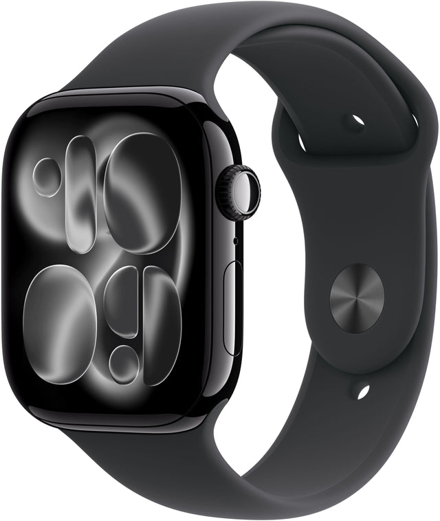 Front. Apple - Geek Squad Certified Refurbished Apple Watch Series 11 (GPS+Cellular) 46mm Aluminum Case with Black Sport Band - M/L - Jet Black.