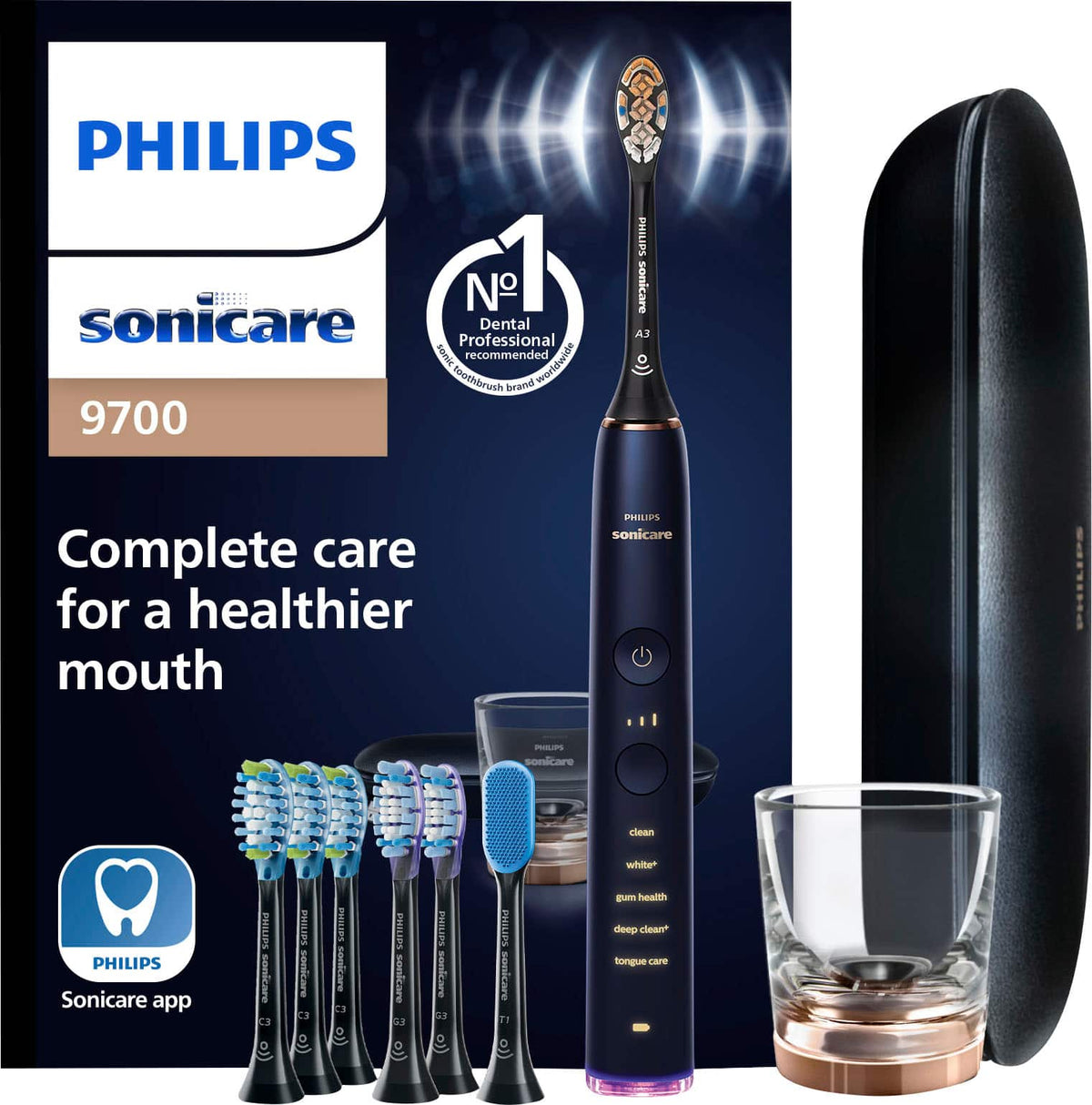 Philips Sonicare - DiamondClean Smart Electric, Rechargeable toothbrush with Charging Travel Case, and 8 Brush Heads - Lunar Blue