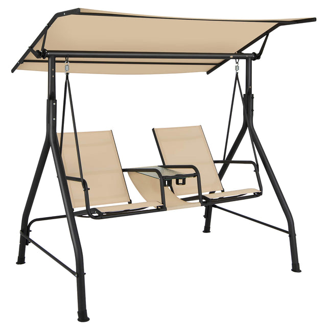 Front. Costway - Costway 2-Seat Outdoor Patio Swing Adjustable Canopy Tempered Glass Table Top Cup Holder - Beige.
