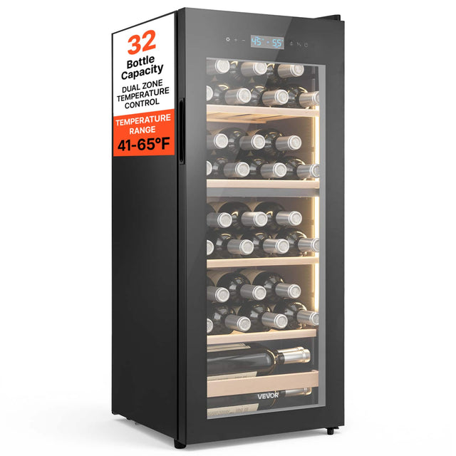 32 Bottle Capacity  
DUAL ZONE TEMPERATURE CONTROL  
TEMPERATURE RANGE 41-65°F  
45 - 55  
VEVOR
