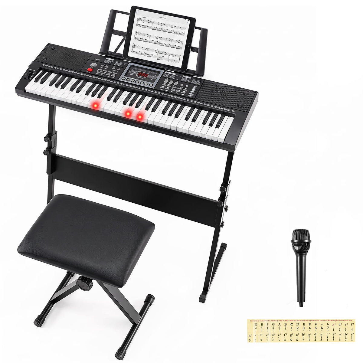 Costway - 61 Key Keyboard Piano for Beginners with Stand, Stool, Lighted Keys, Microphone - Black+White