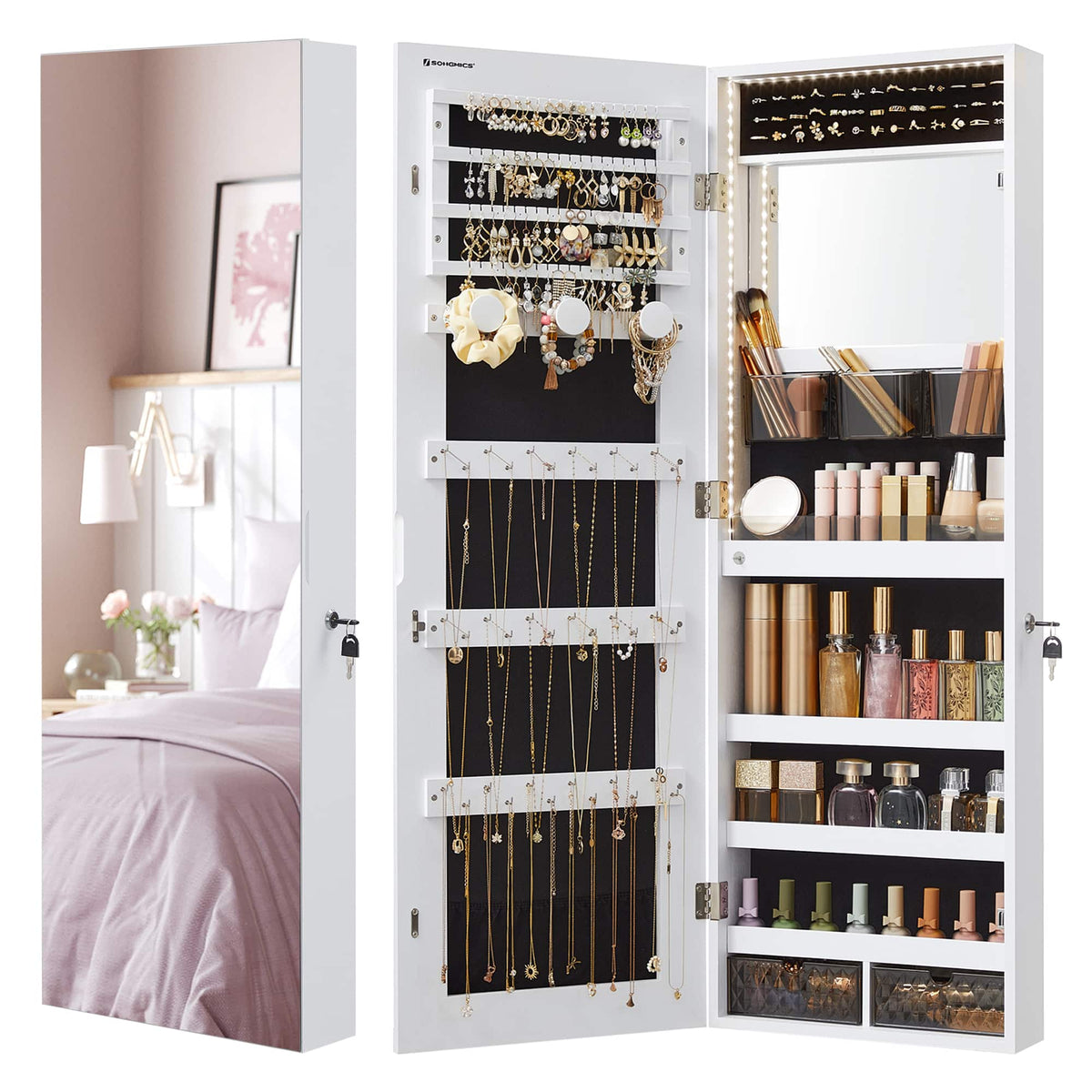 Songmics Home - Mirror Jewelry Cabinet Armoire Organizer, Wall or Door Mount Storage Cabinet with Full-Length Frameless Lighted Mirror - White