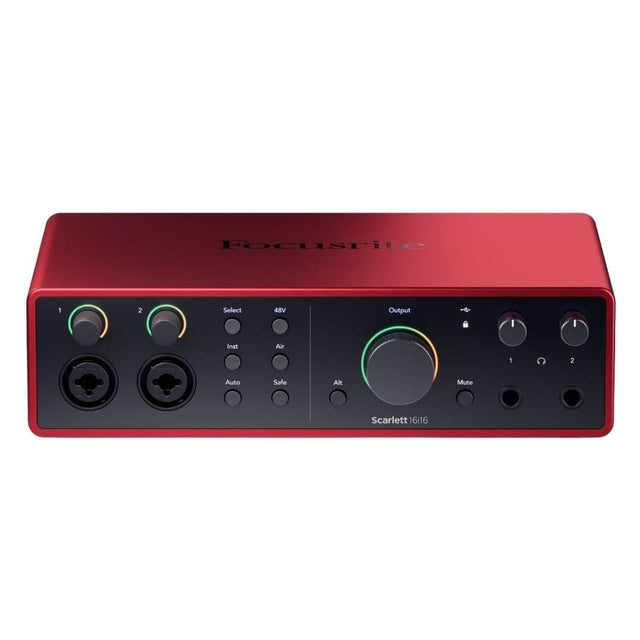 Focusrite Scarlett 16i16

1. Input 1
2. Input 2
3. Select
4. 48V
5. Inst
6. Air
7. Auto
8. Safe
9. Output
10. Alt
11. Mute
12. 1
13. 2