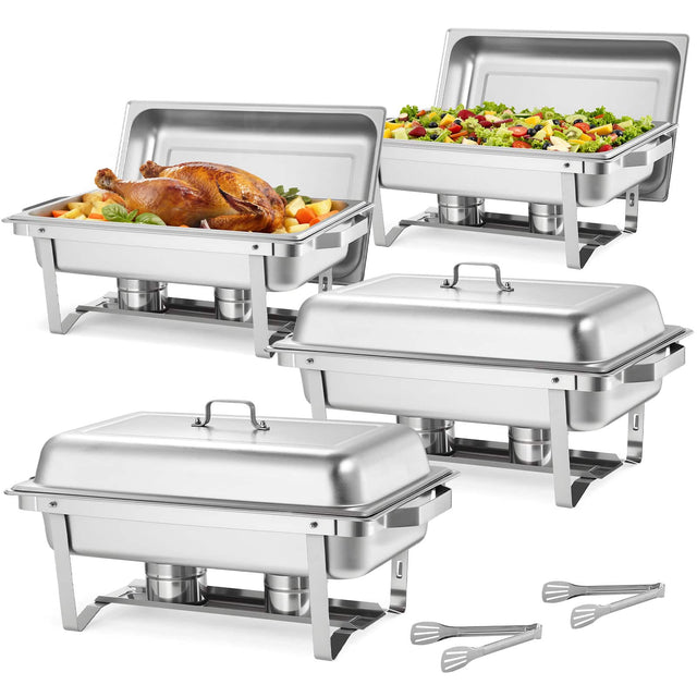 Front. VEVOR - Rectangle Chafing Dish, 9 Qt 4 Pack Stainless Steel Chafing Dish, Food Warmer Chafer Complete Set with Hollow Handle - Sliver.