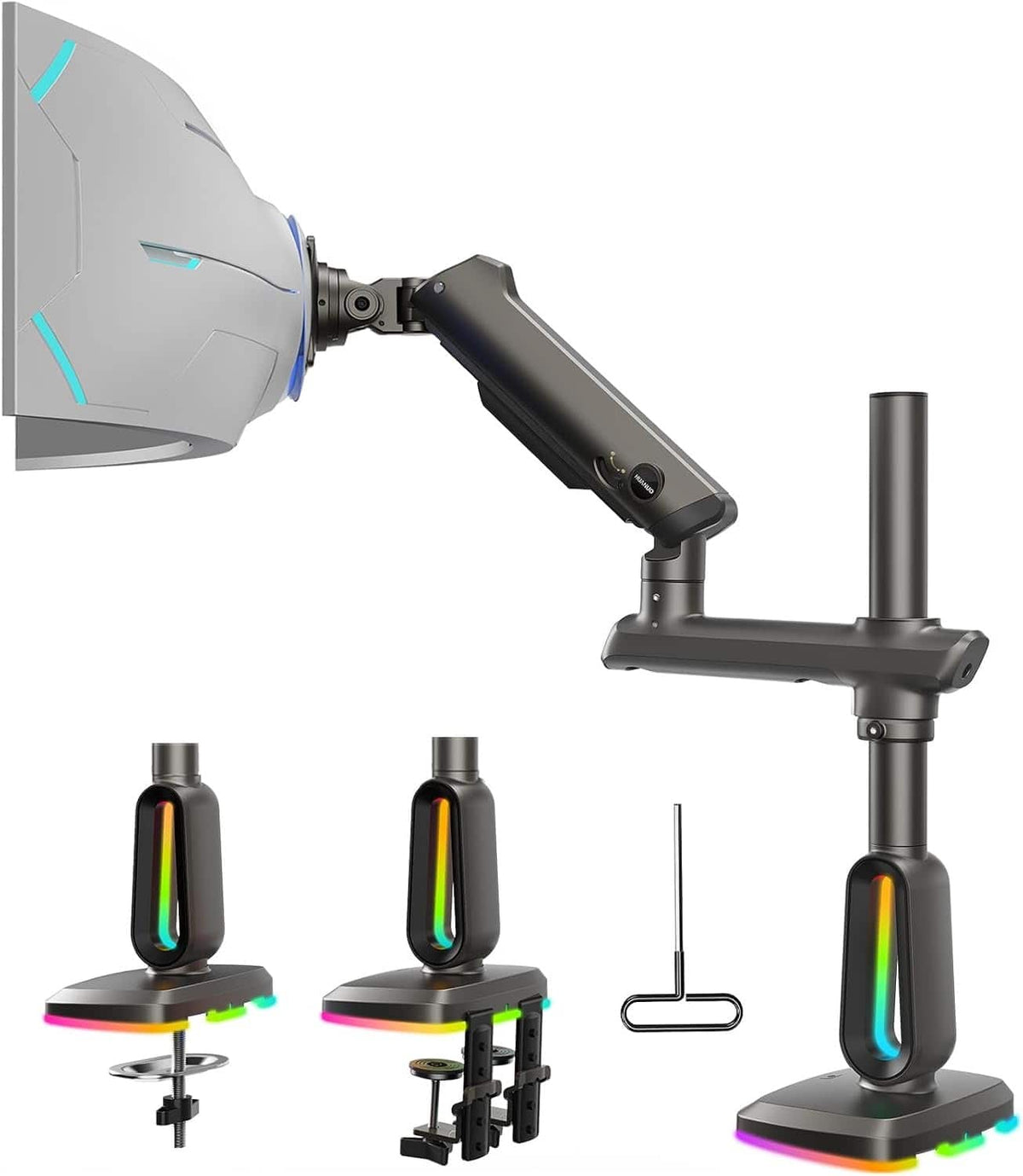 HUANUO - Single Monitor Desk Mount with Mechanical Spring Arm, Integrated LED Light, & Supports up to a 57” Monitor - Black