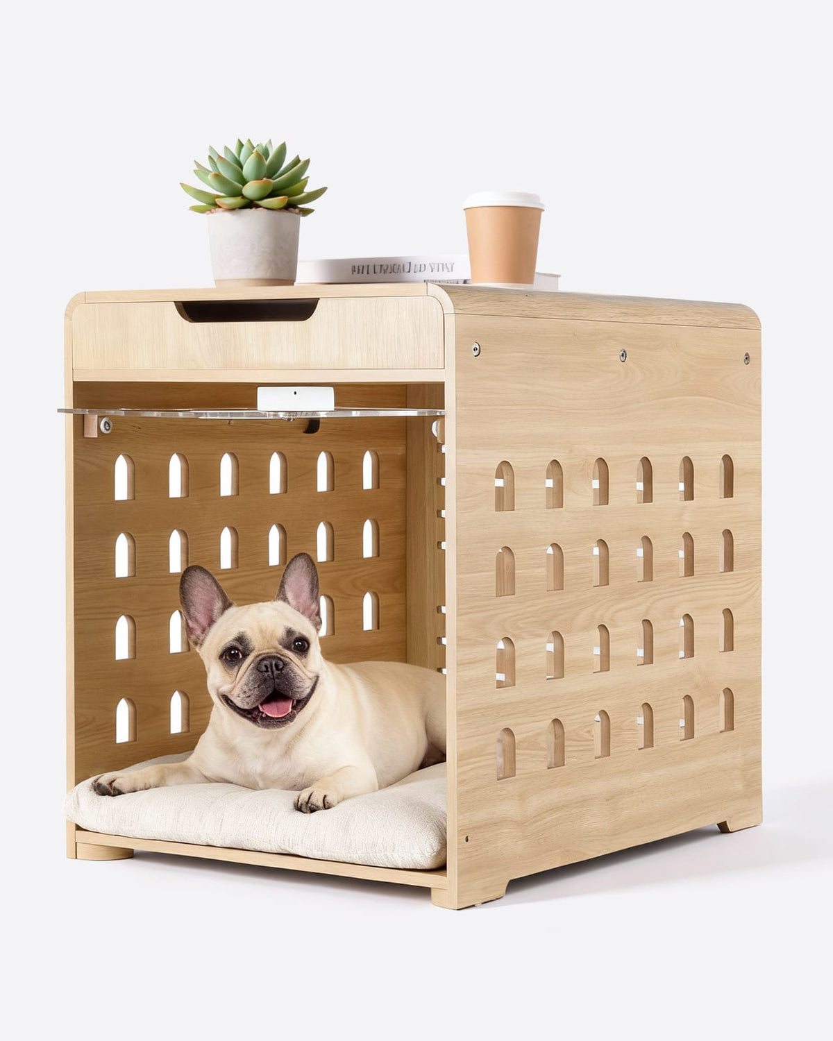 Sugift - Dog Crate Furniture End Table With 4-in-1 Charging Station Hidden Door For Small Dogs Up To 45lb - Oak