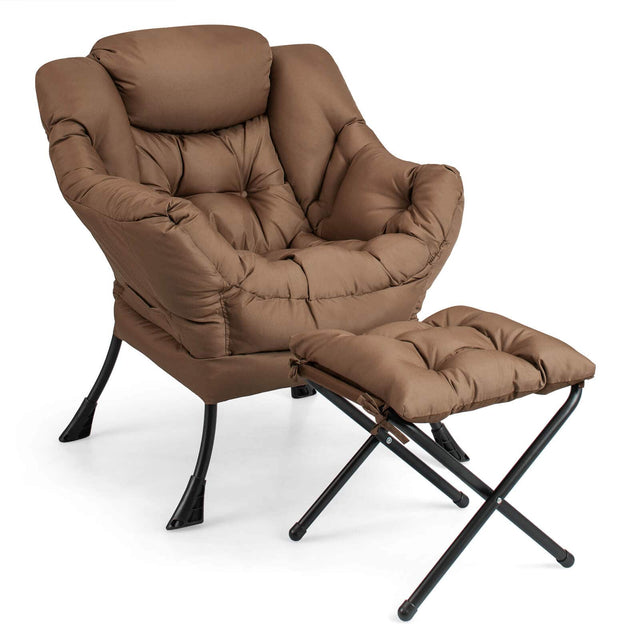 Front. Costway - Lazy Sofa Chair with Folding Footrest and Storage Pocket - Brown.
