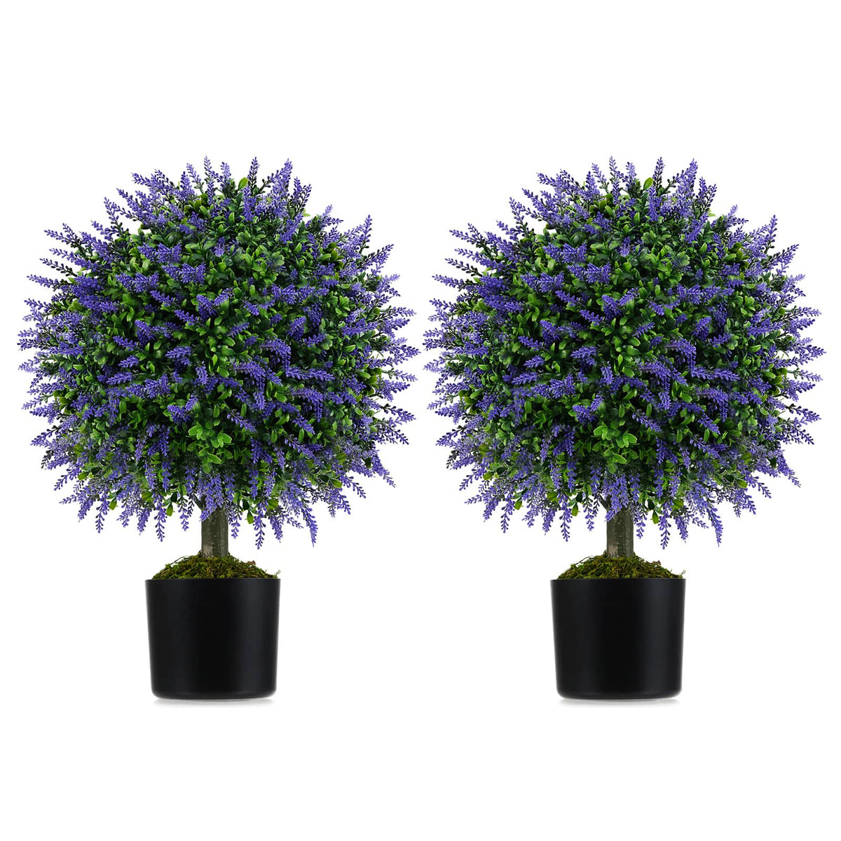 Gymax - Set of 2 Artificial Lavender Topiary Ball Trees 23'' Faux Boxwood Ball Tree - Green, Purple