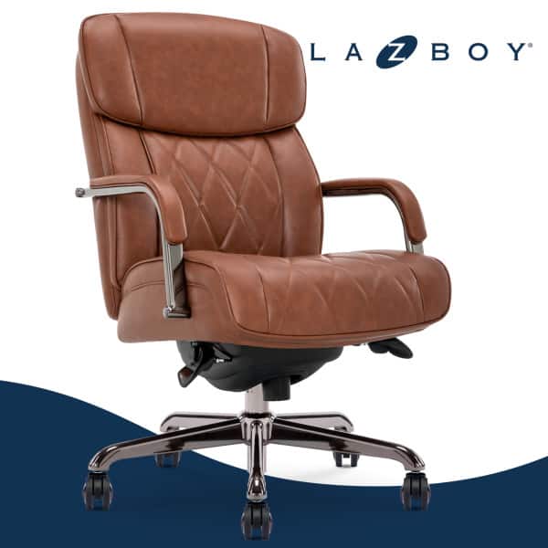 La-Z-Boy - Executive Office Chair with Lumbar Support Reclining Swivel Bonded Quilted Leather Ergonomic Desk Chair for Home Office - Cognac