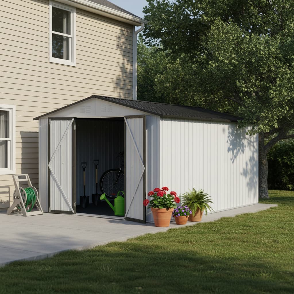 Anysun - 10x12ft Metal Garden Shed with Apex Roof, Hinged Door & Integrated Vents, Heavy-Duty Outdoor Storage with Padlock - White+Gray
