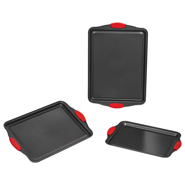 Front. VEVOR - Baking Pans Set, 3-Piece, Nonstick Carbon Steel Cookware Sheets & Trays, Stackable Kitchen Oven Bakeware Cooking Sets - Charcoal Black.