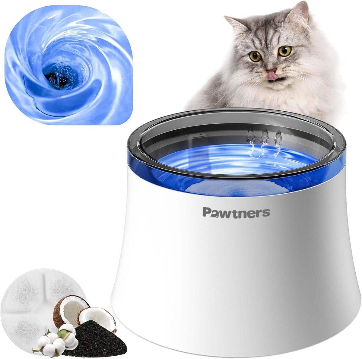 Pawtners - Cat Water Fountain with Vortex Filter, 3.5L No-Spill Dispenser for Cats & Small Dogs, Ultra-Quiet Pump, Easy to Clean - White and Grey