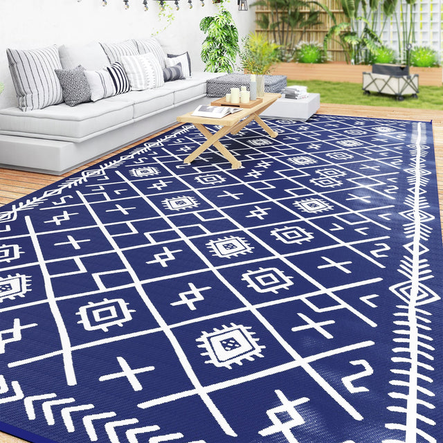 Front. Outsunny - Reversible Outdoor Rug, 9' x 18' Waterproof Plastic Straw Floor Mat, Portable RV Camping Carpet, Large Floor Mat - Blue and White Rhombus.