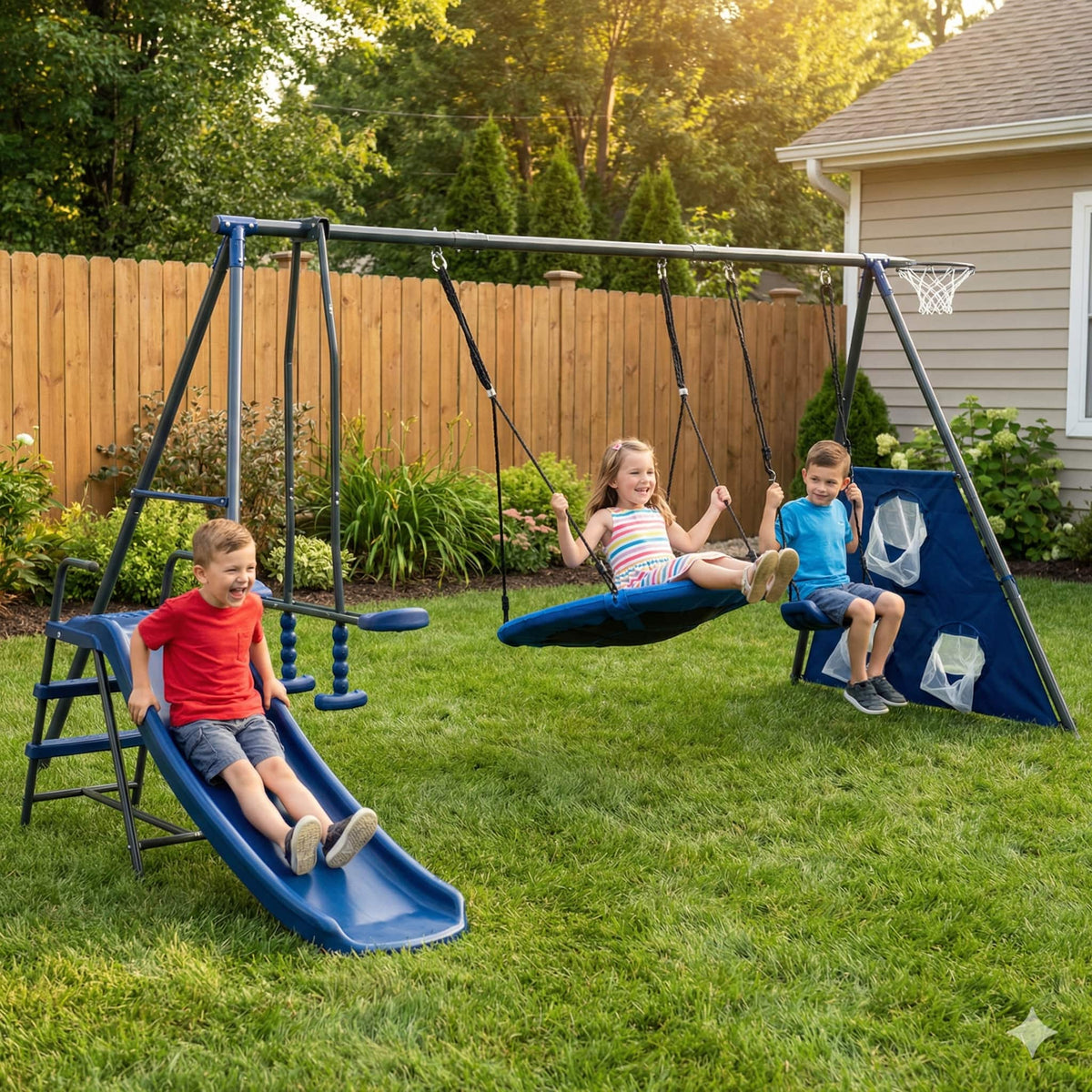 Loheer - 12.7 ft Outdoor Metal Swing Set with 31.5 in Net Swing, Mini Slide and Sports Play for Backyard - Grey+Blue