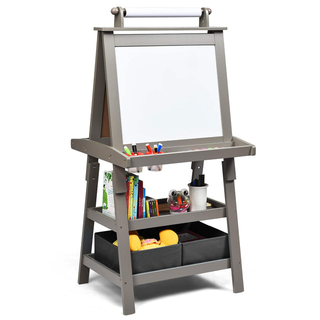 Front. Costway - 3 in 1 Double-Sided Wooden Kid's Art Easel Whiteboard Grey - Grey.