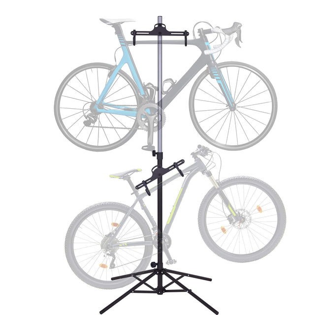 Front. RaxGo - Freestanding Bike Stand, 2 Bicycle Stand with Adjustable Height, for Mountain & Road Bicycles - Black and Grey.