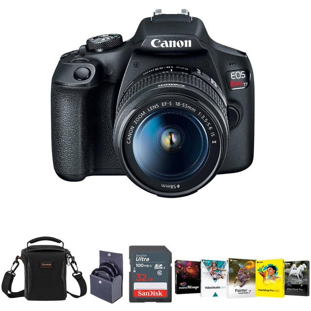 Canon EOS Rebel T7 with EF-S 18-55mm f/3.5-5.6 IS II Lens  
58mm Filter  
SanDisk Ultra 100 MB/s 32GB SD Card  
PhotoPlus Messenger Bag  
VideoStudio Pro 20  
Painter 7  
PaintShop Pro 2019  
AfterShot Pro