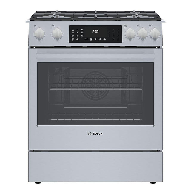 Front. Bosch - Benchmark Series 4.6 Cu. Ft. Slide-In Dual Fuel Convection Range with Self-Cleaning - Stainless steel.