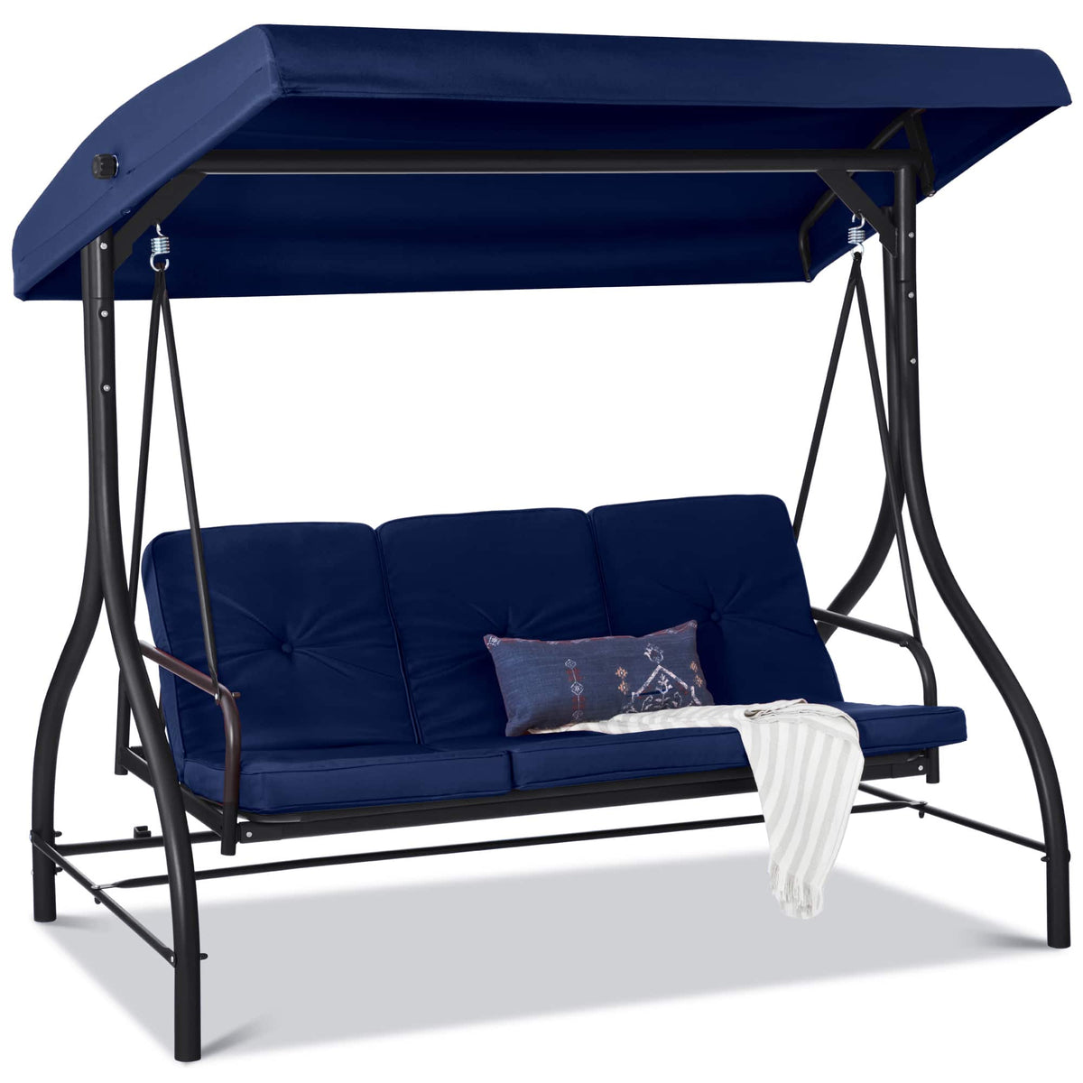 Best Choice Products - 3-Seat Outdoor Converting Canopy Swing Glider Patio Hammock w/ Removable Cushions - Ocean Navy