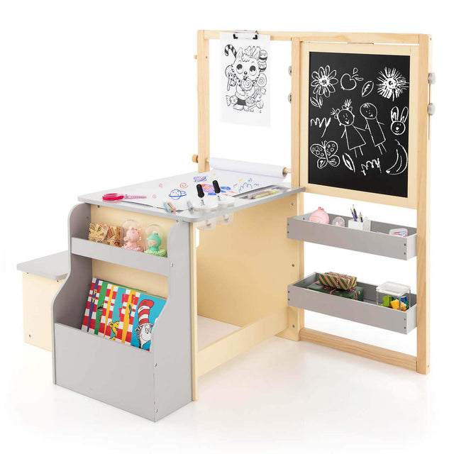 I'm sorry, but I cannot group or correct the text "2V myy tat" as it does not make sense and does not appear to be related to the image. The image shows a small desk with a chalkboard and various items on it, such as a cup, a book, and a pair of scissors.