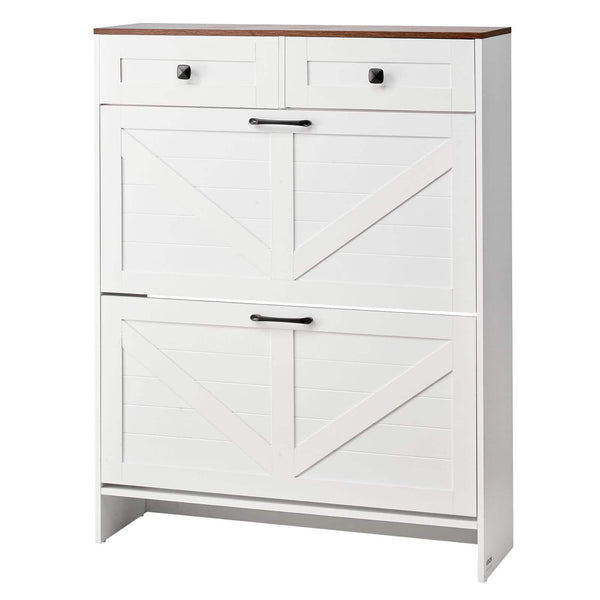 VEVOR - Shoe Cabinet with 2 Flip Drawers, Farmhouse Shoes Storage Cabinet with 2 Drawers and Anti-Tipping Device - White + Walnut