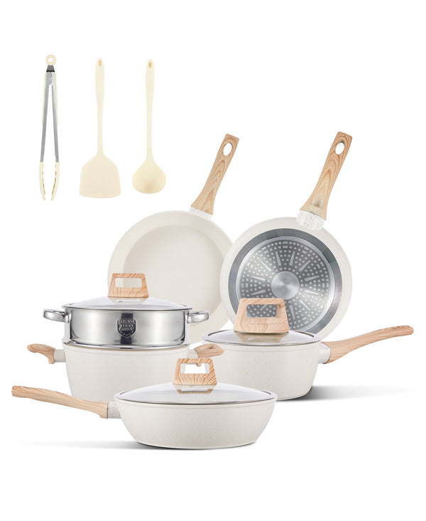Sugift - 12-Piece Nonstick Ceramic Cookware Set, Granite Pots and Pans Set with Silicone Shovel, Spoon &Tongs - Beige