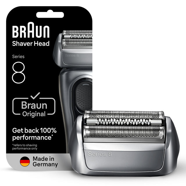 BRAUN  
Shaver Head  
Series 8  
Braun Original  
Get back 100% performance*  
*refers to shaving performance only  
Made in Germany  

Series 8  
Series 8