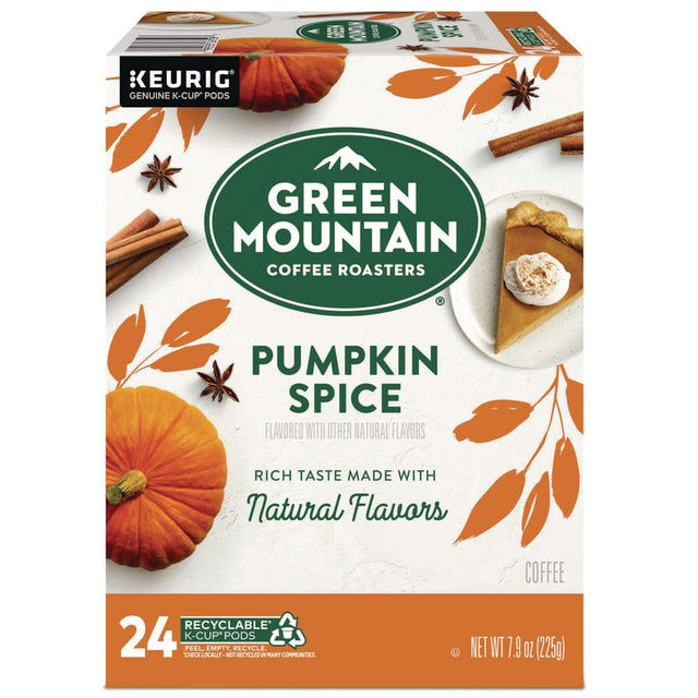 KEURIG GENUINE K-CUP PODS  
GREEN MOUNTAIN COFFEE ROASTERS  
PUMPKIN SPICE  
FLAVORED WITH OTHER NATURAL FLAVORS  
RICH TASTE MADE WITH Natural Flavors  
24 K-CUP PODS  
RECYCLABLE  
PEEL, EMPTY, RECYCLE  
CHECK LOCALLY - NOT RECYCLED IN MANY COMMUNITIES  
NET WT 7.9 OZ (225g)