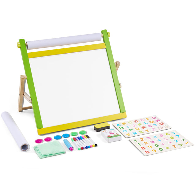 Front. VEVOR - Tabletop Art Easel for Kids, 3-in-1 Wooden Double-Sided Kid's Art Easel with Magnetic Whiteboard, Chalkboard, Paper Roll - Natural Wood Color + Yellow + Green.