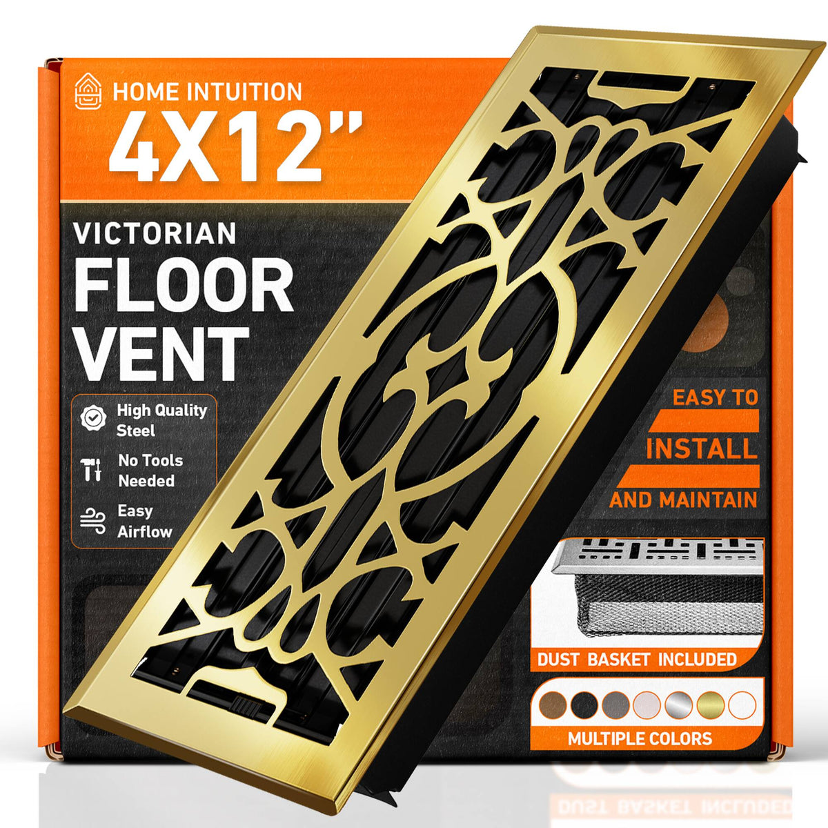 Home Intuition - 4X12 Floor Vent Covers with Mesh Cover Trap, Heat and Air, Floor Vent for HVAC Duct, Victorian - Polished Brass