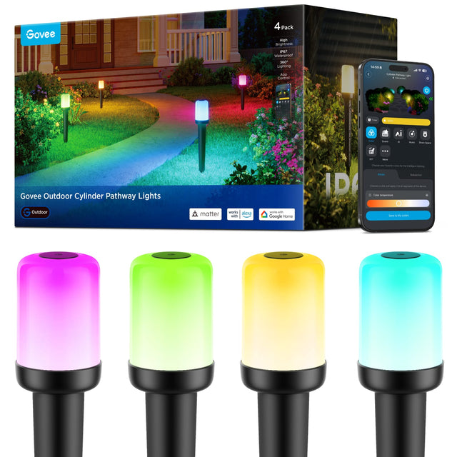 Govee 4 Pack High Brightness - Waterproof 360 Lighting MS9 - A Cortrol 1 - TesN. 1: + sen -d - ID - Govee Outdoor Cylinder Pathway Lights G Outdoor matter works Mlexa with - Google Home